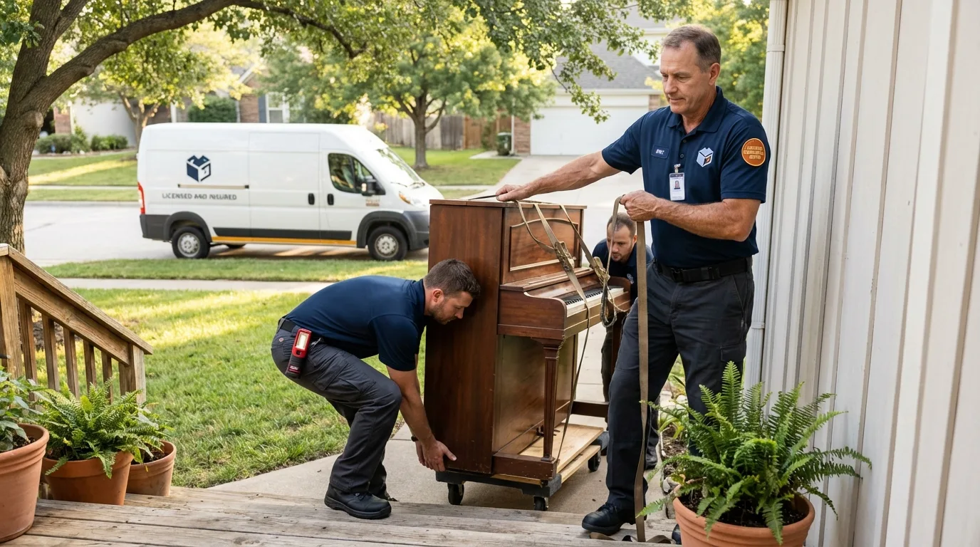 Licensed piano movers securing grand piano in Highland, NY