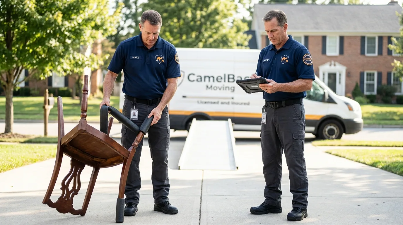 Movers inspecting furniture for damage prevention before loading in Highland, NY