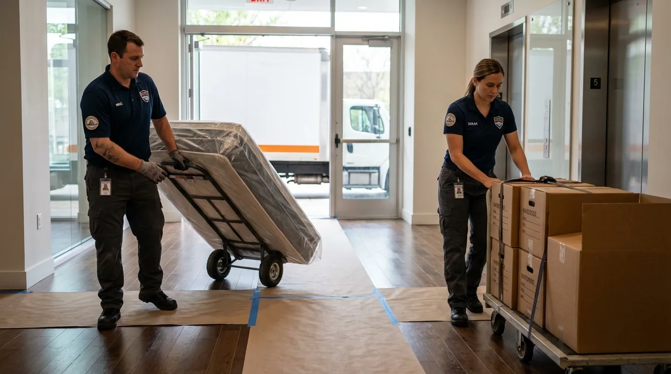 Professional apartment movers loading elevator in Highland, NY