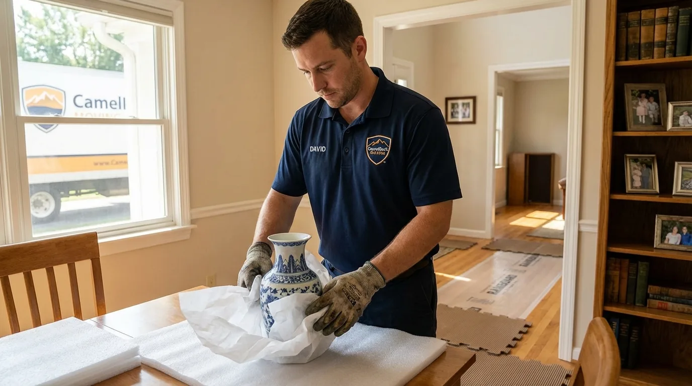 Professional crew carefully wrapping antique vase for senior downsizing move in Highland, NY