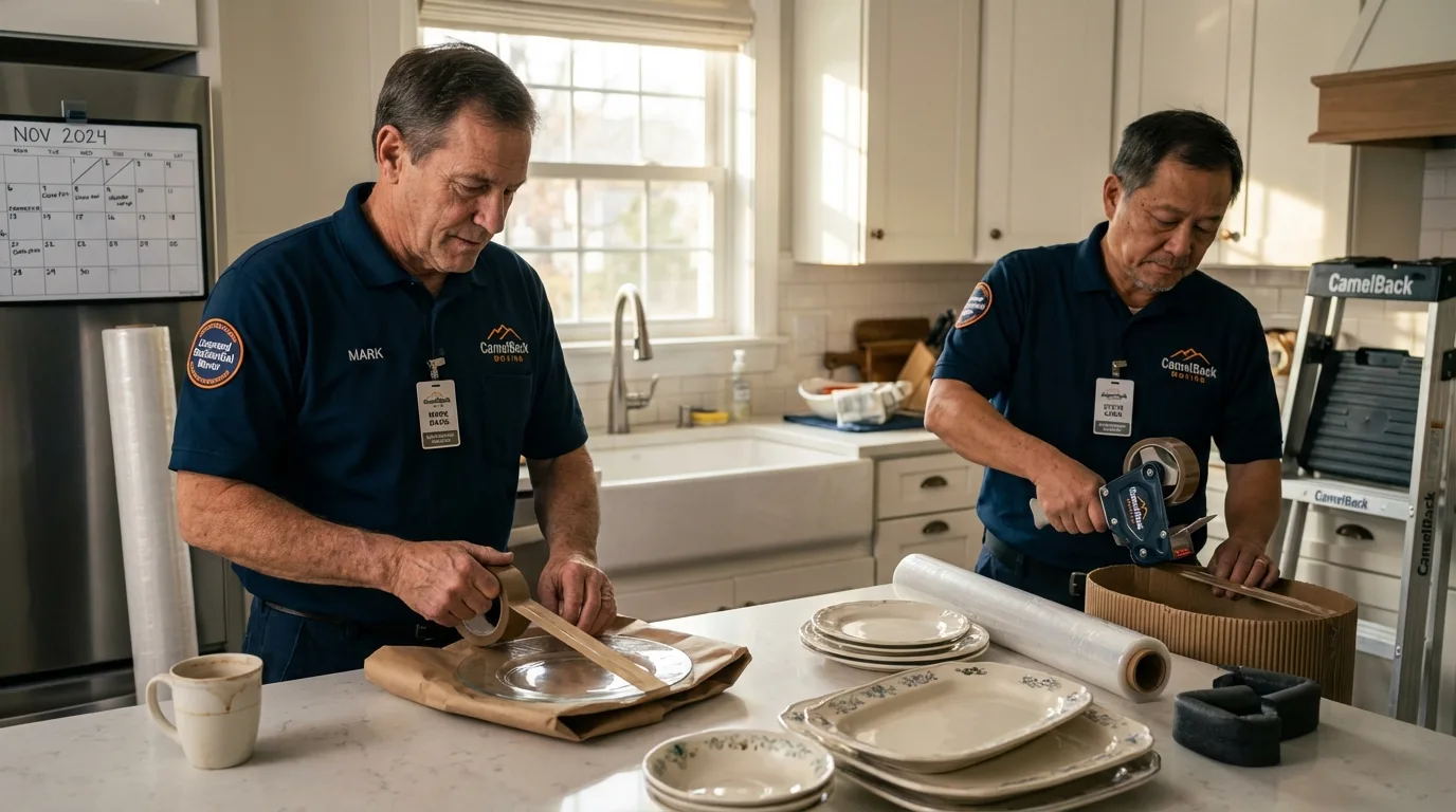 Professional crew packing kitchen dishware in Highland, NY